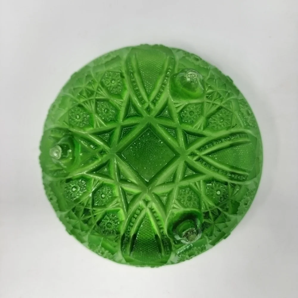 Vintage Jeannette Glass 3‎ Footed Bowl Green Ombre Flash With Hobster Pattern